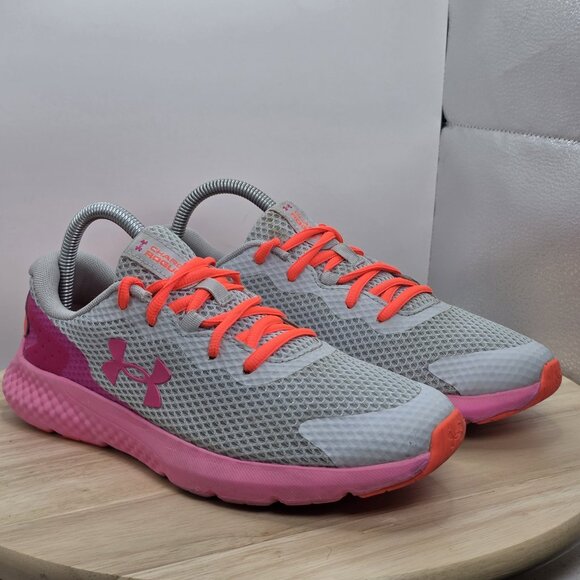 Women's Sz 8.5 Shoes Under Armour Charged Rogue 3 Irid Sneakers Pink/Orange/Grey - Picture 5 of 8